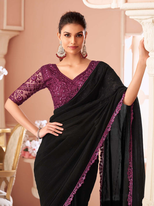 Black Black Party Wear Georgette Embellished Saree