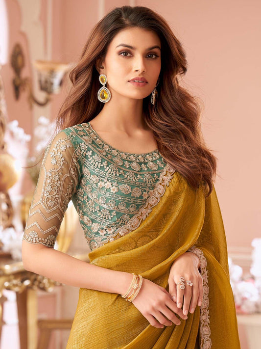Yellow Mustard Party Wear Georgette Embellished Saree