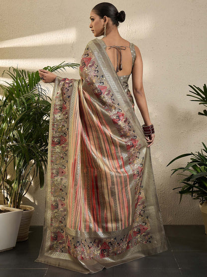 Peach Kota Jute Silk Printed Saree