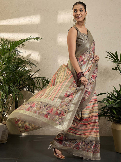 Peach Kota Jute Silk Printed Saree
