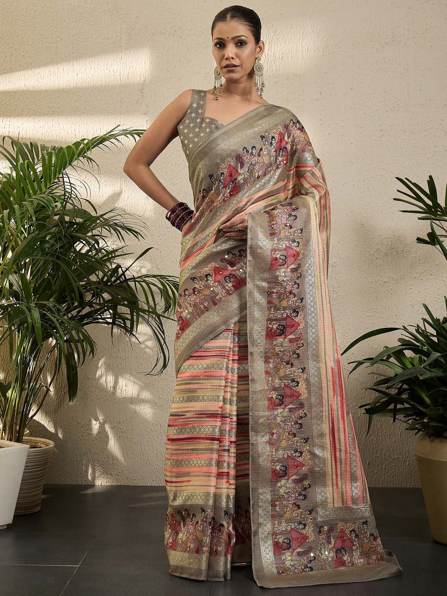 Pink Peach Kota Jute Silk Printed Saree