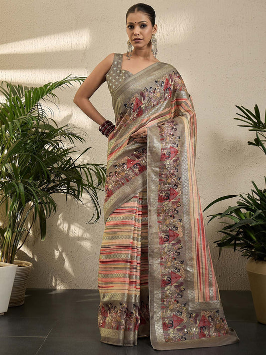 Pink Peach Kota Jute Silk Printed Saree