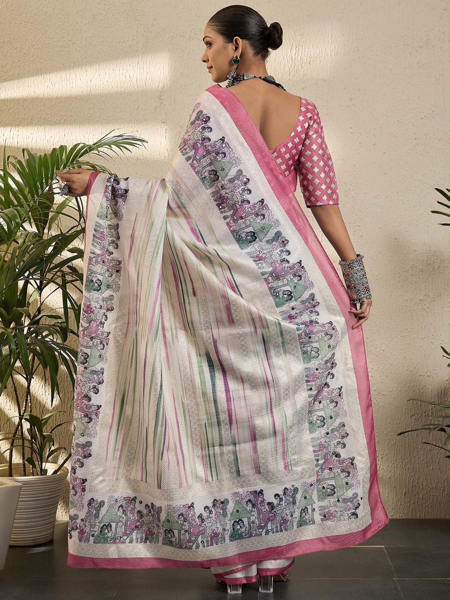 Cream Kota Jute Silk Printed Saree