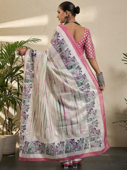 Cream Kota Jute Silk Printed Saree