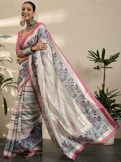 Cream Kota Jute Silk Printed Saree