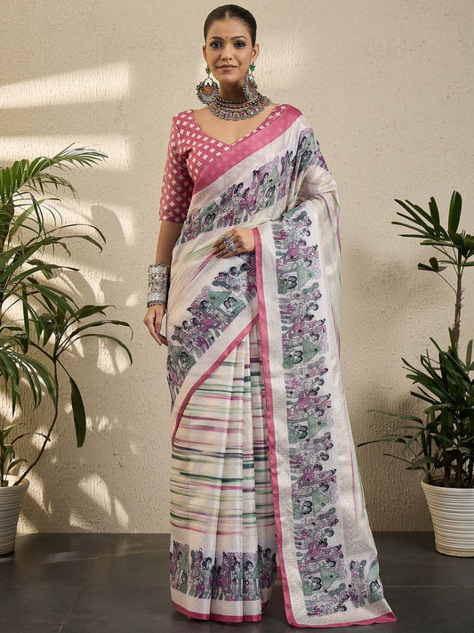 Cream Cream Kota Jute Silk Printed Saree