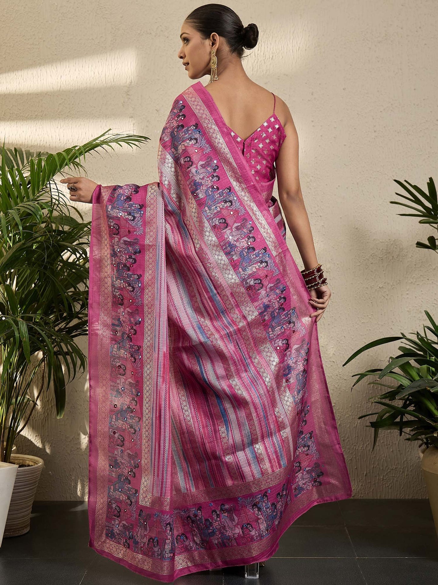 Pink Kota Jute Silk Printed Saree