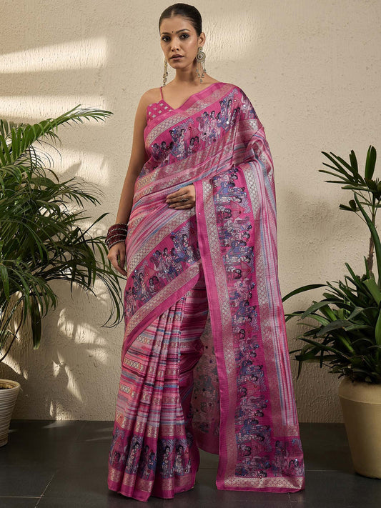 Pink Pink Kota Jute Silk Printed Saree