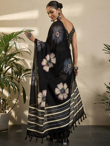 Black Block Print Georgette Printed Saree