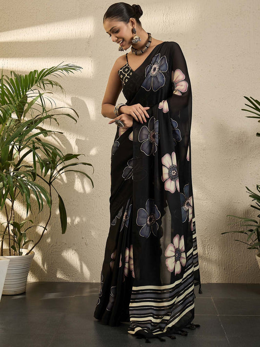 Black Black Block Print Georgette Printed Saree