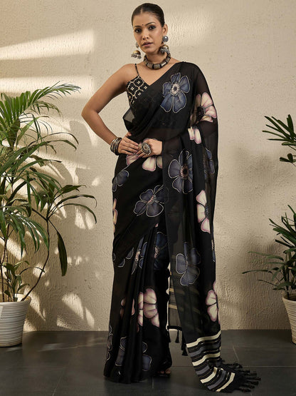 Black Block Print Georgette Printed Saree