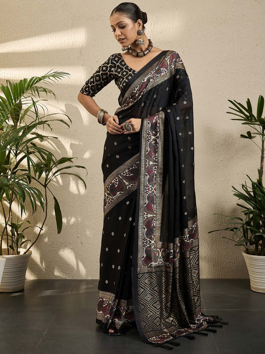 Black Black Banarasi Georgette Printed Saree