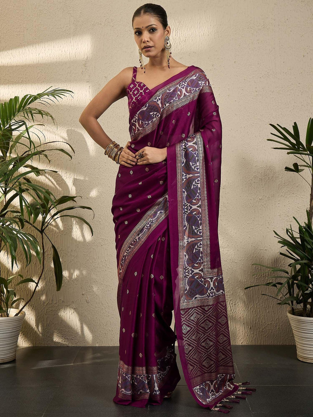 Magenta Banarasi Georgette Printed Saree - The Dori Store