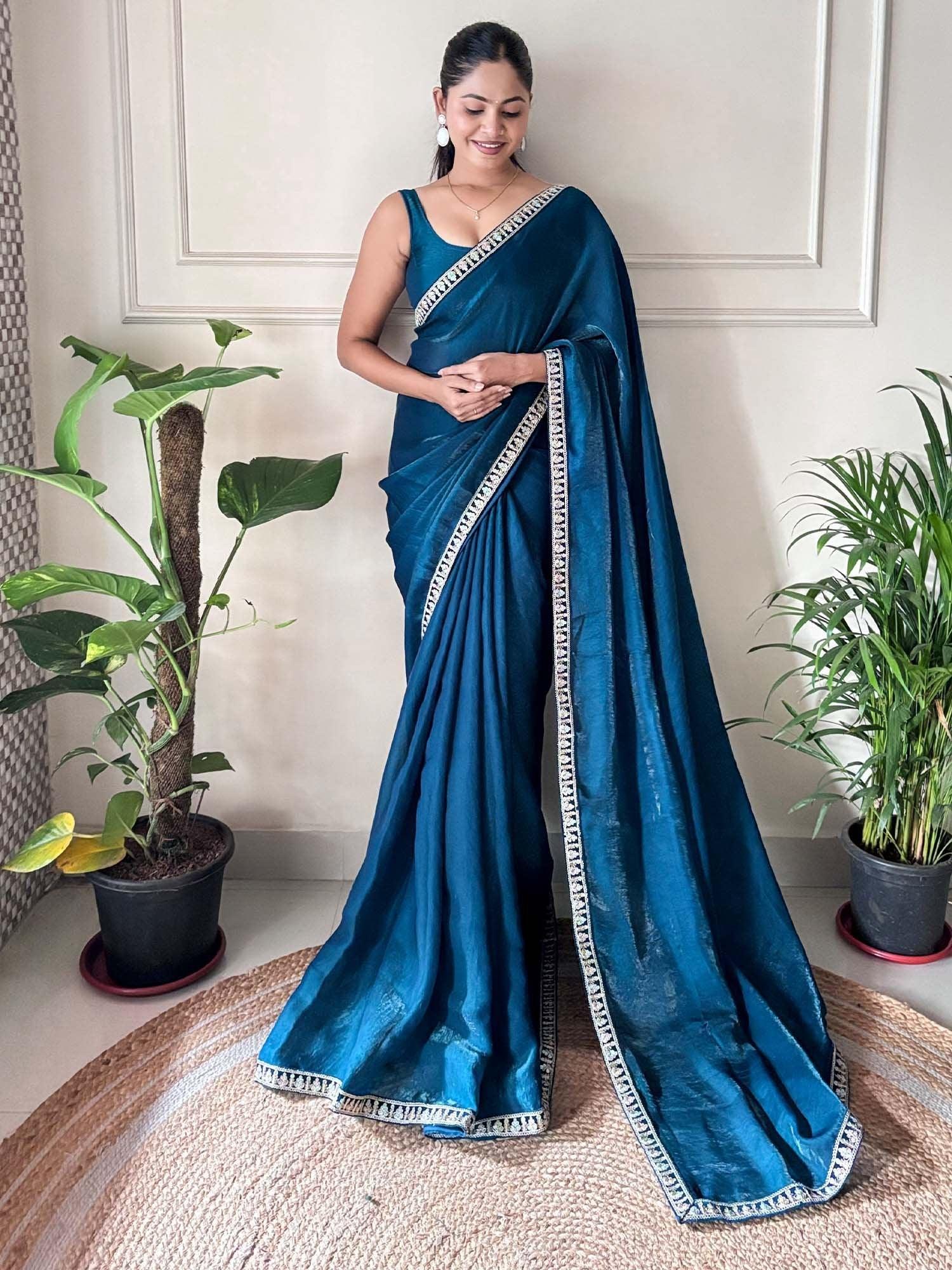 Blue Party Wear Satin Silk Embellished Saree