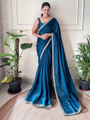 Blue Party Wear Satin Silk Embellished Saree