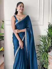 Blue Party Wear Satin Silk Embellished Saree
