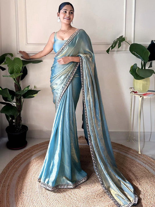Blue Teal Party Wear Satin Silk Embellished Saree