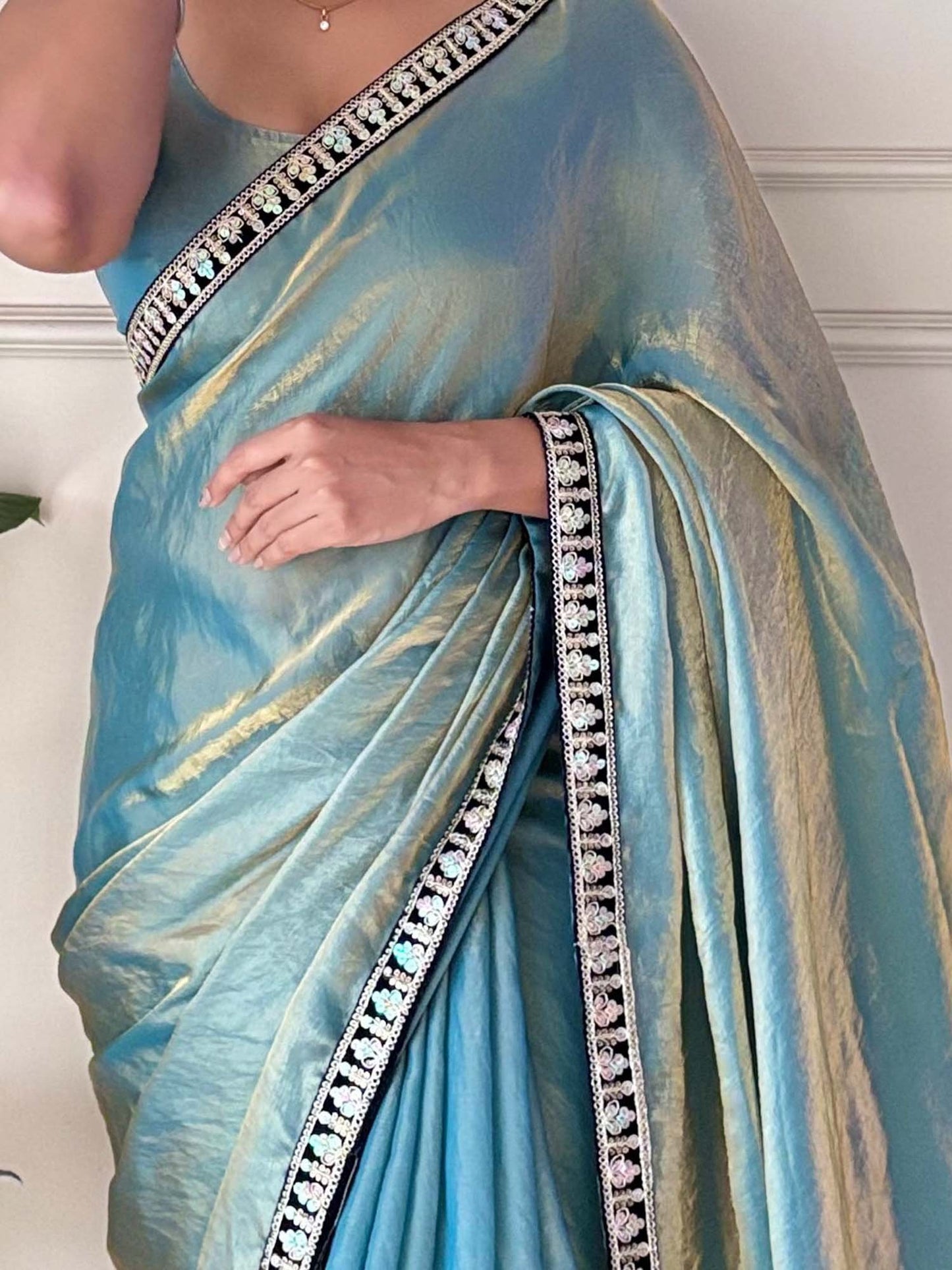 Teal Party Wear Satin Silk Embellished Saree