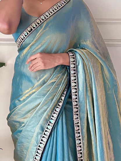 Teal Party Wear Satin Silk Embellished Saree