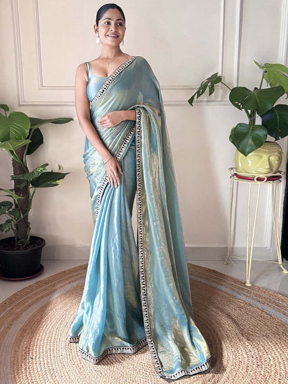Teal Party Wear Satin Silk Embellished Saree
