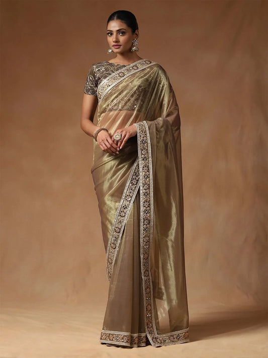 Brown Gold Party Wear Net Embellished Saree