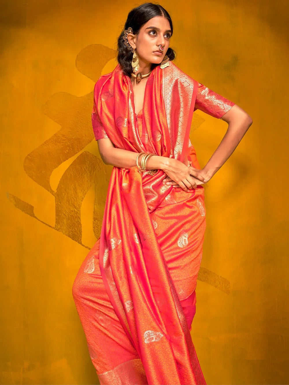 Orange Orange Banarasi Silk Blend Woven Saree