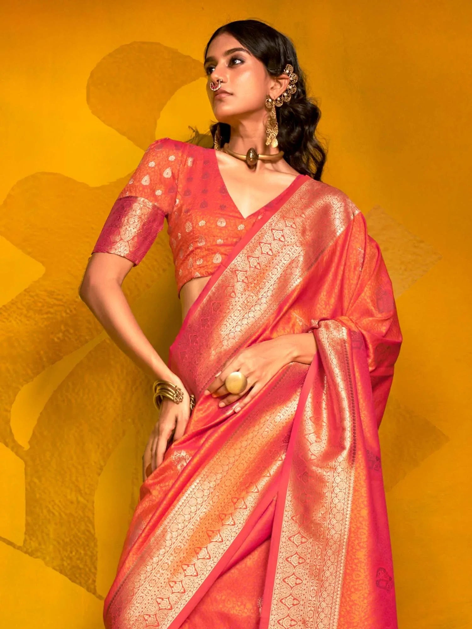 Orange Banarasi Silk Blend Woven Saree