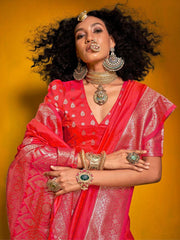 Pink Banarasi Silk Blend Woven Saree - The Dori Store