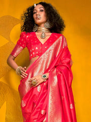 Pink Banarasi Silk Blend Woven Saree - The Dori Store