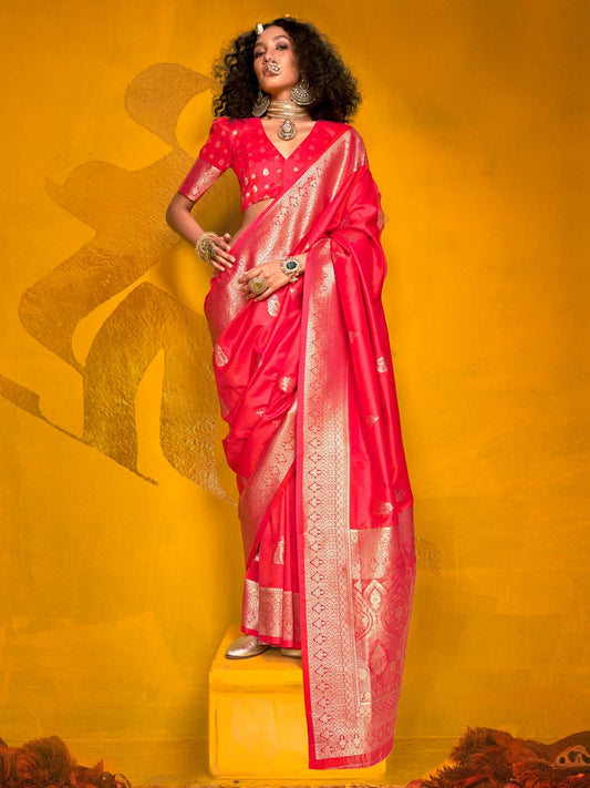 Pink Pink Banarasi Silk Blend Woven Saree