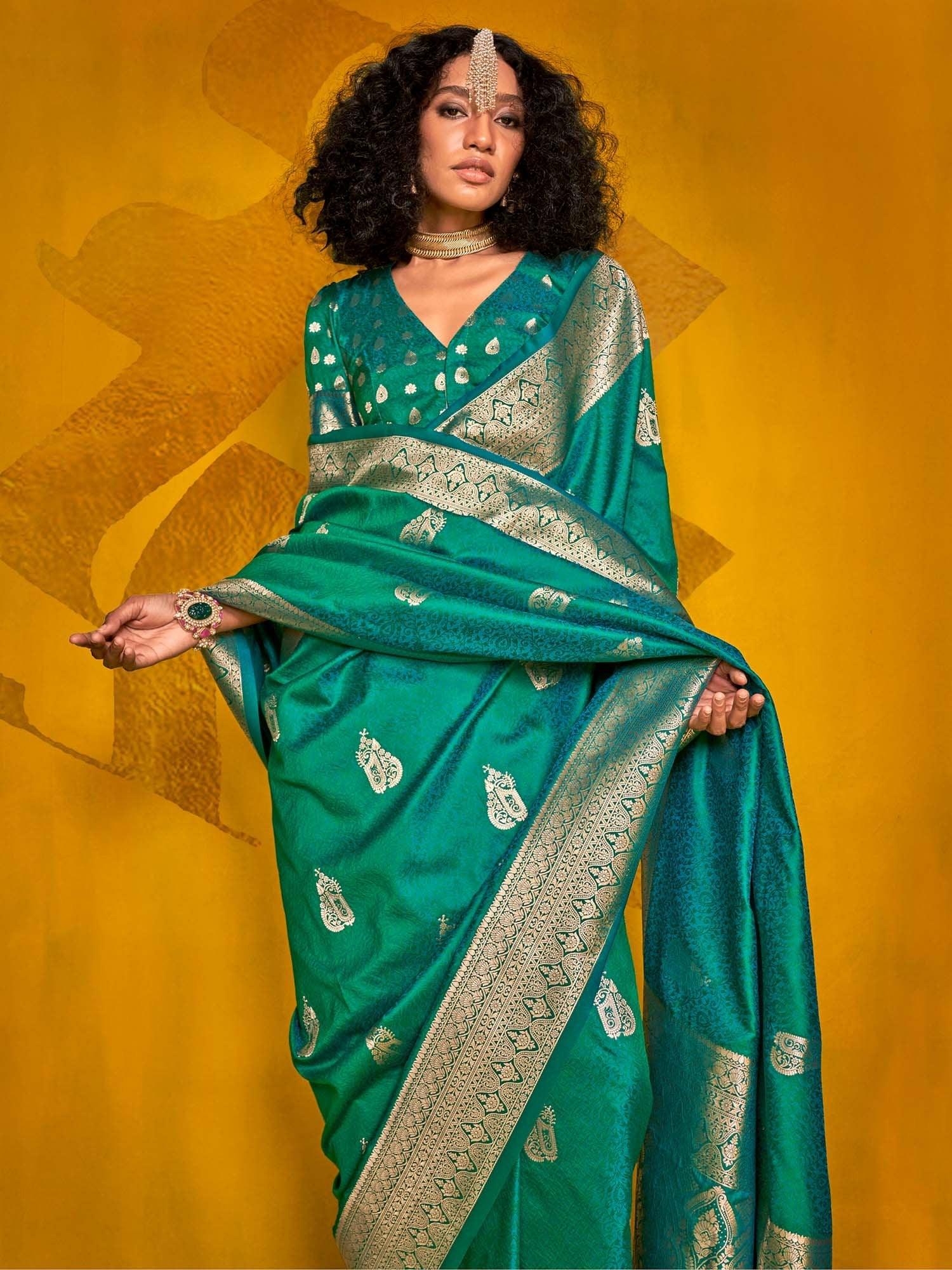 Green Banarasi Silk Blend Woven Saree - The Dori Store
