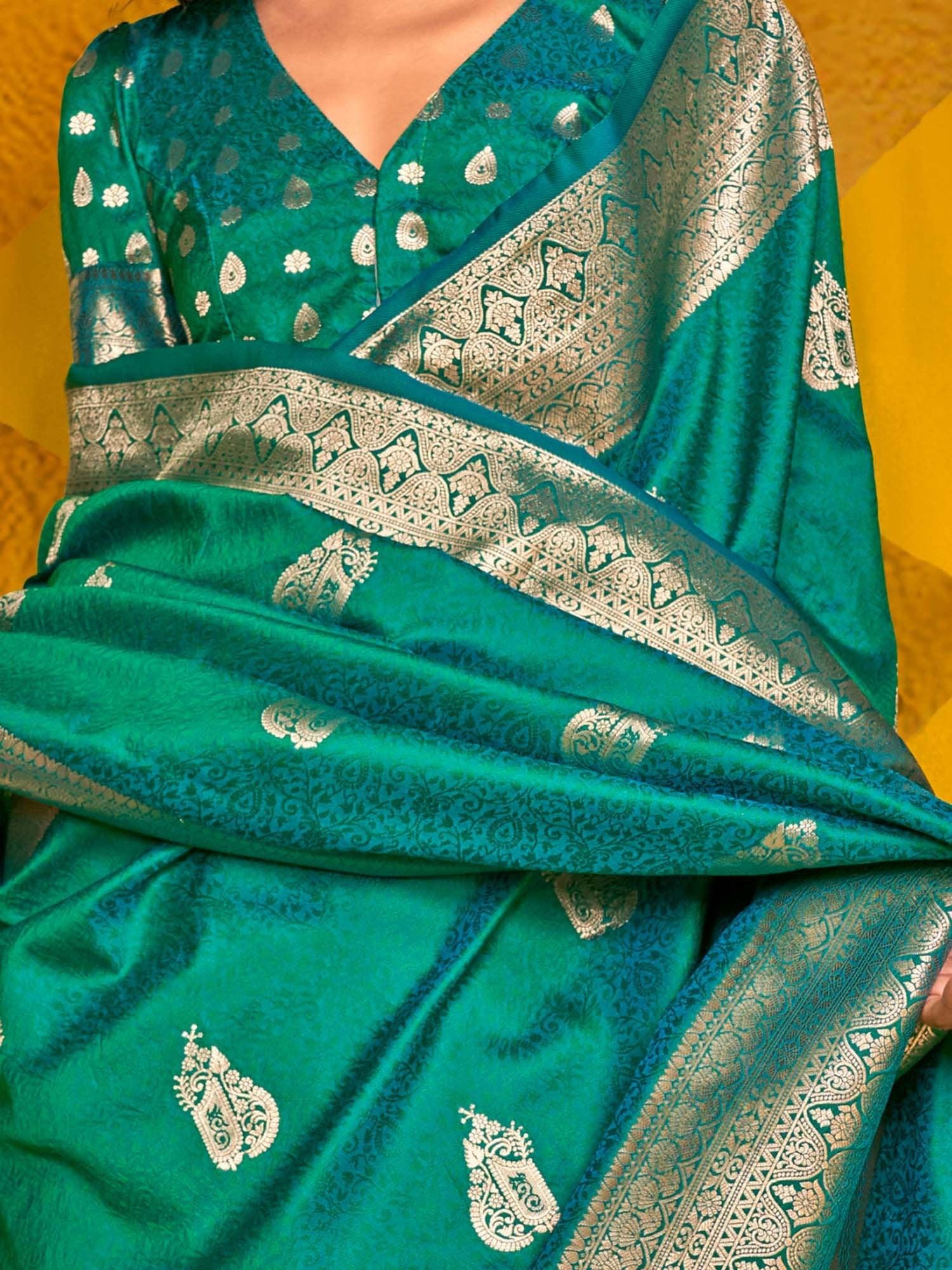 Green Banarasi Silk Blend Woven Saree - The Dori Store