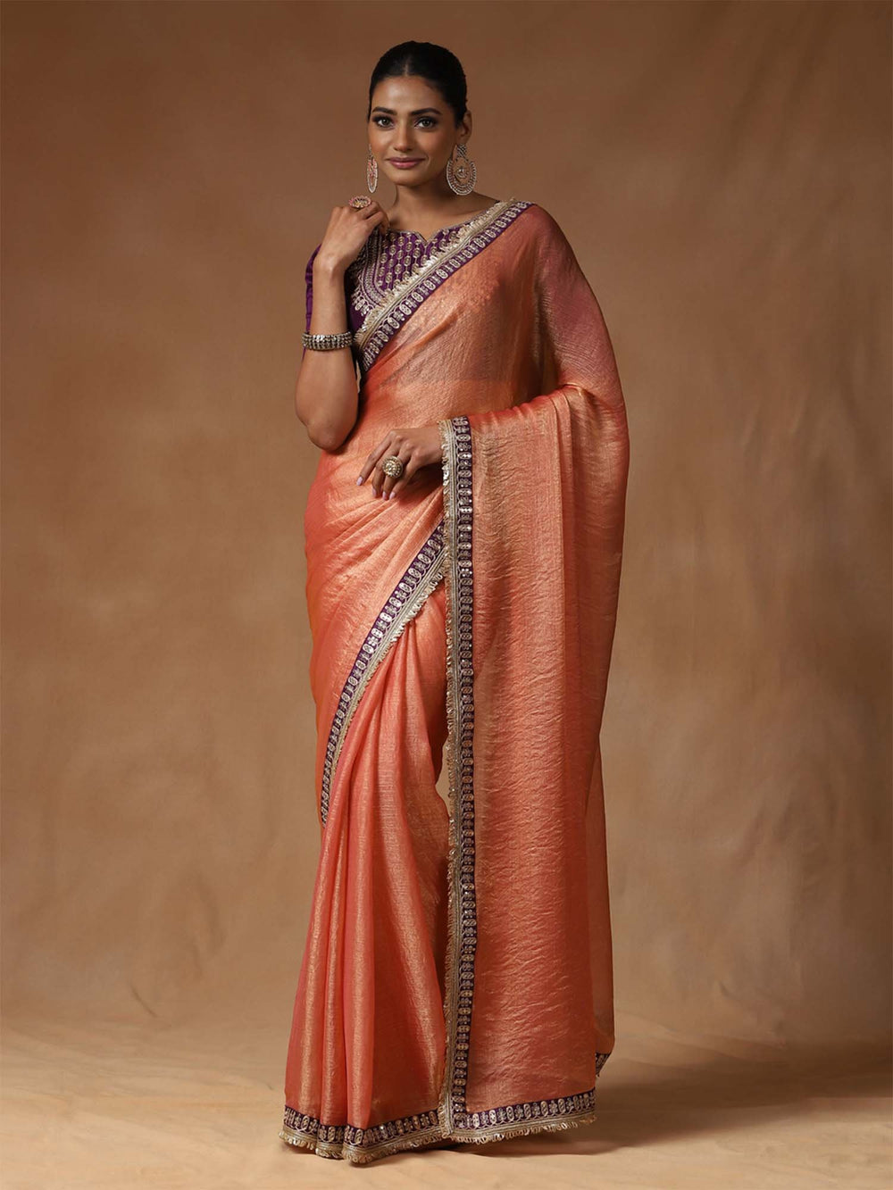 Pink Peach Party Wear Chiffon Embellished Saree