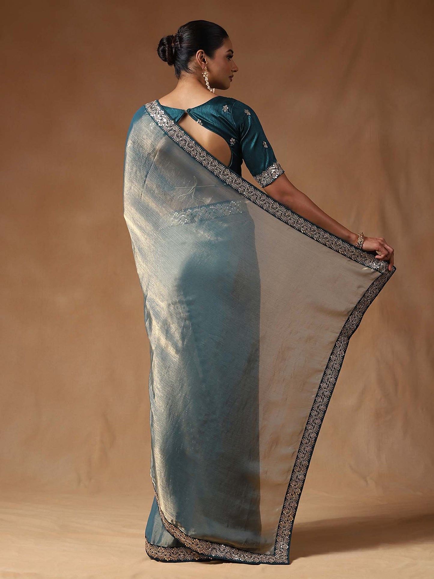 Teal Party Wear Chiffon Embellished Saree