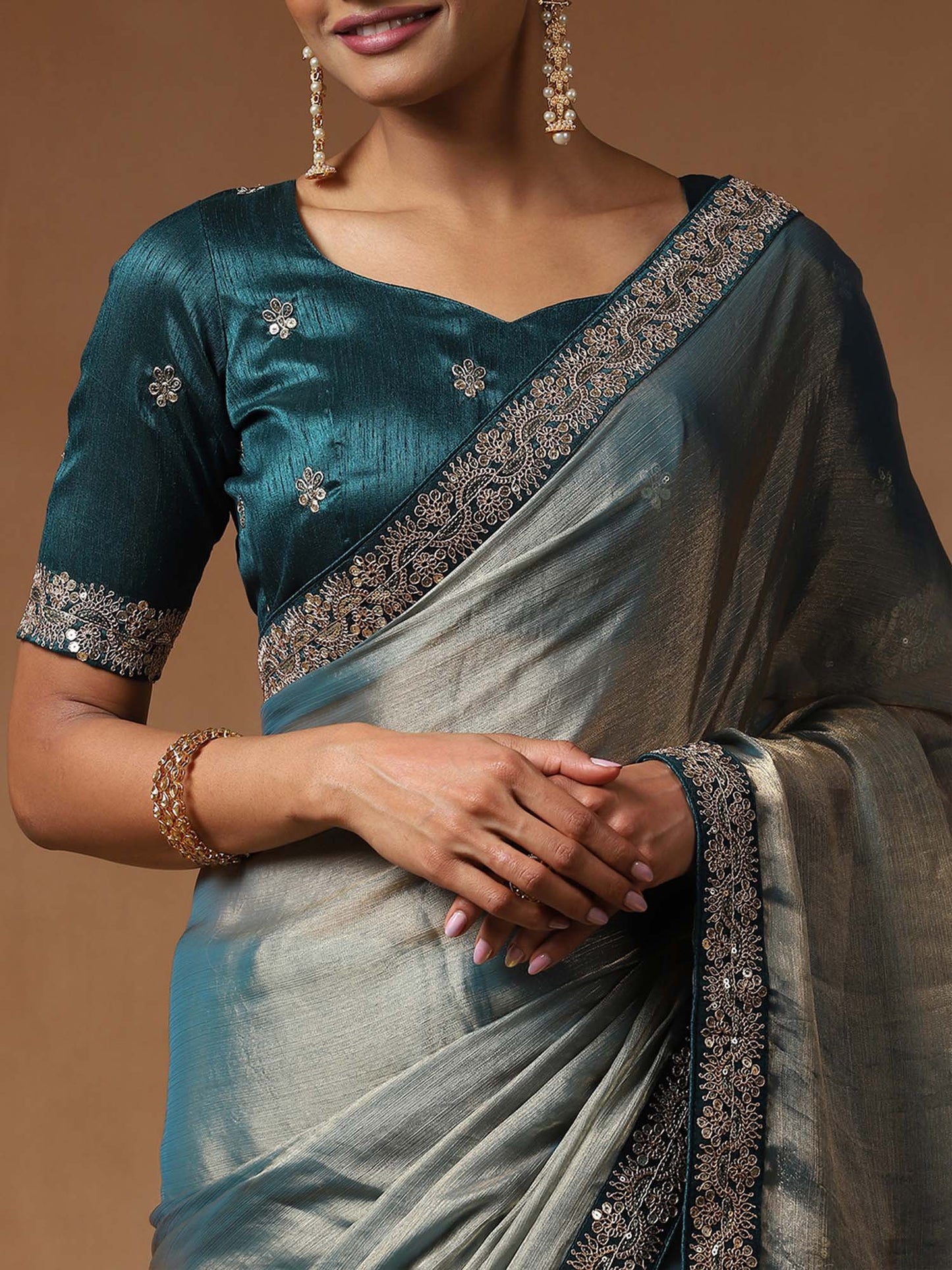 Teal Party Wear Chiffon Embellished Saree