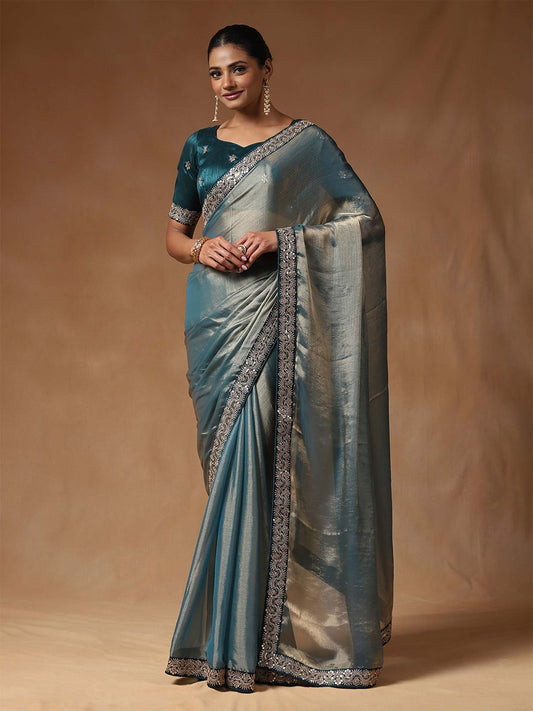Blue Teal Party Wear Chiffon Embellished Saree