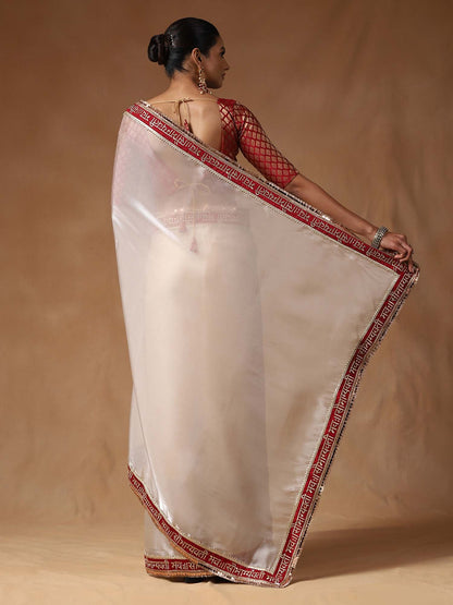 White Party Wear Tissue Embroidered Saree