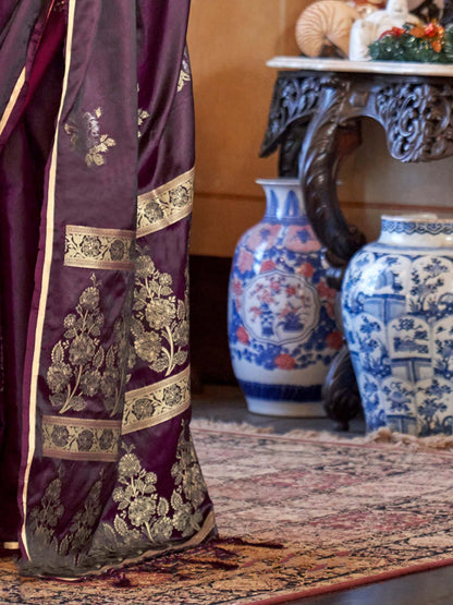 Burgundy Banarasi Satin Silk Woven Saree