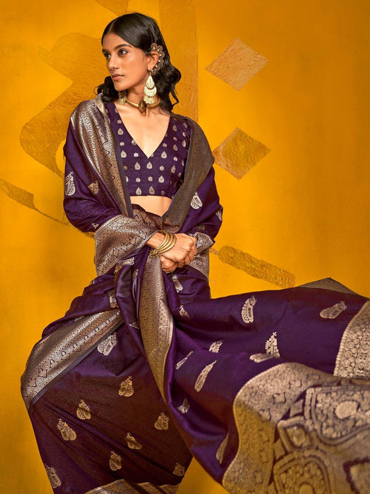 Purple Purple Banarasi Silk Blend Woven Saree