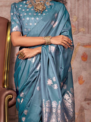 Teal Blue Gadwal Satin Silk Woven Saree