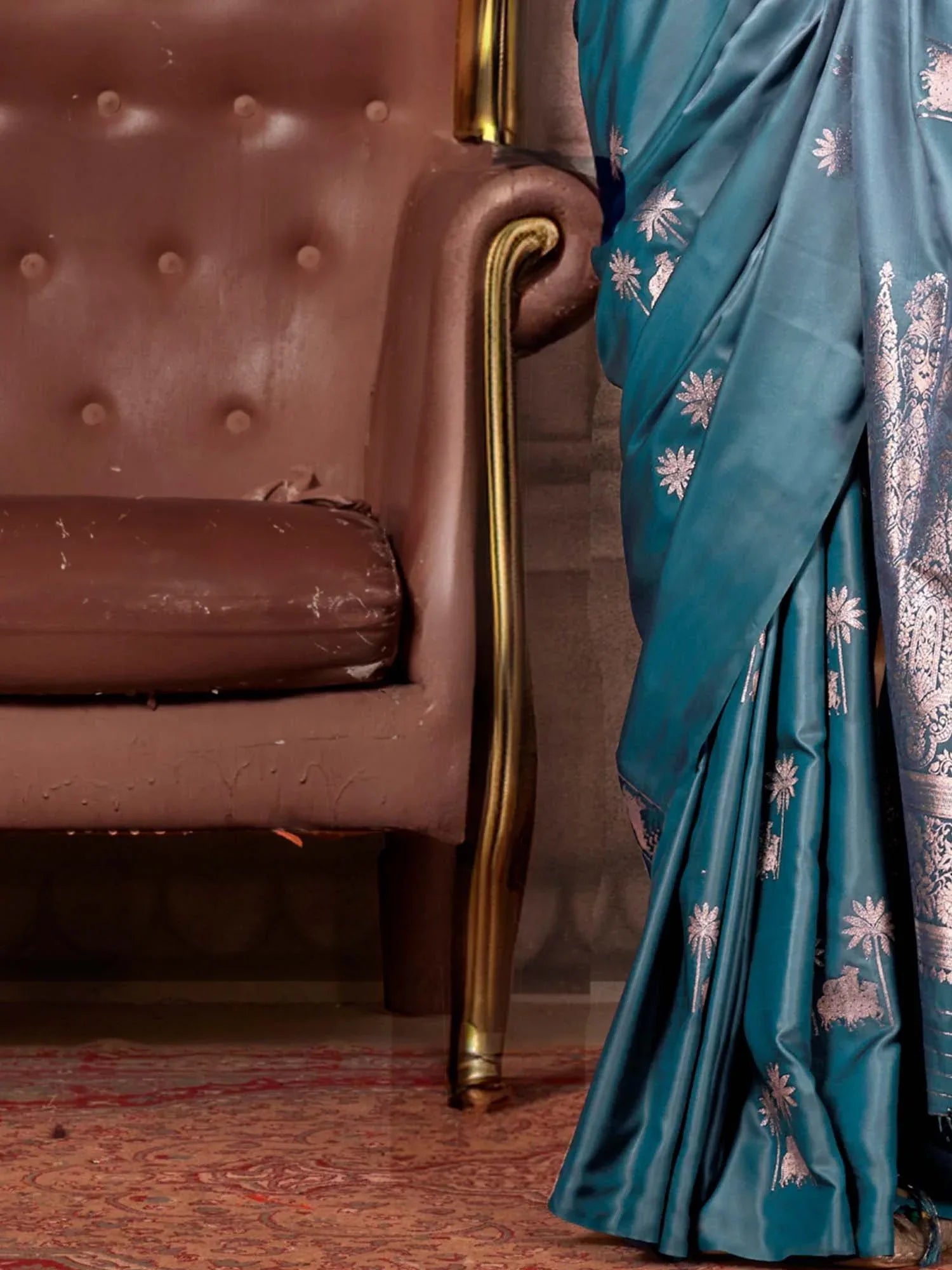 Teal Blue Gadwal Satin Silk Woven Saree