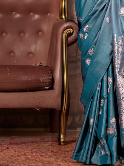 Teal Gadwal Satin Silk Woven Saree
