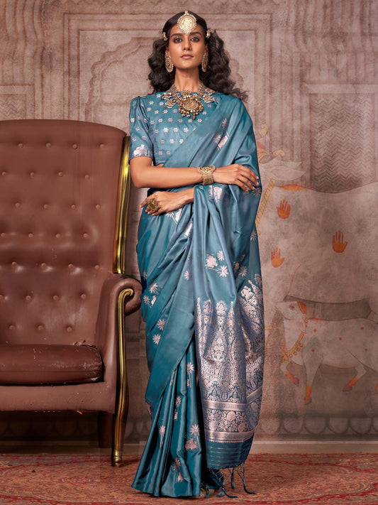 Blue Teal Gadwal Satin Silk Woven Saree