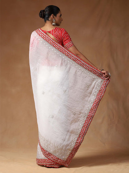 White Bandhani Tissue Printed Saree