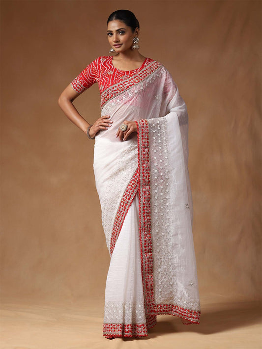 White White Bandhani Tissue Printed Saree