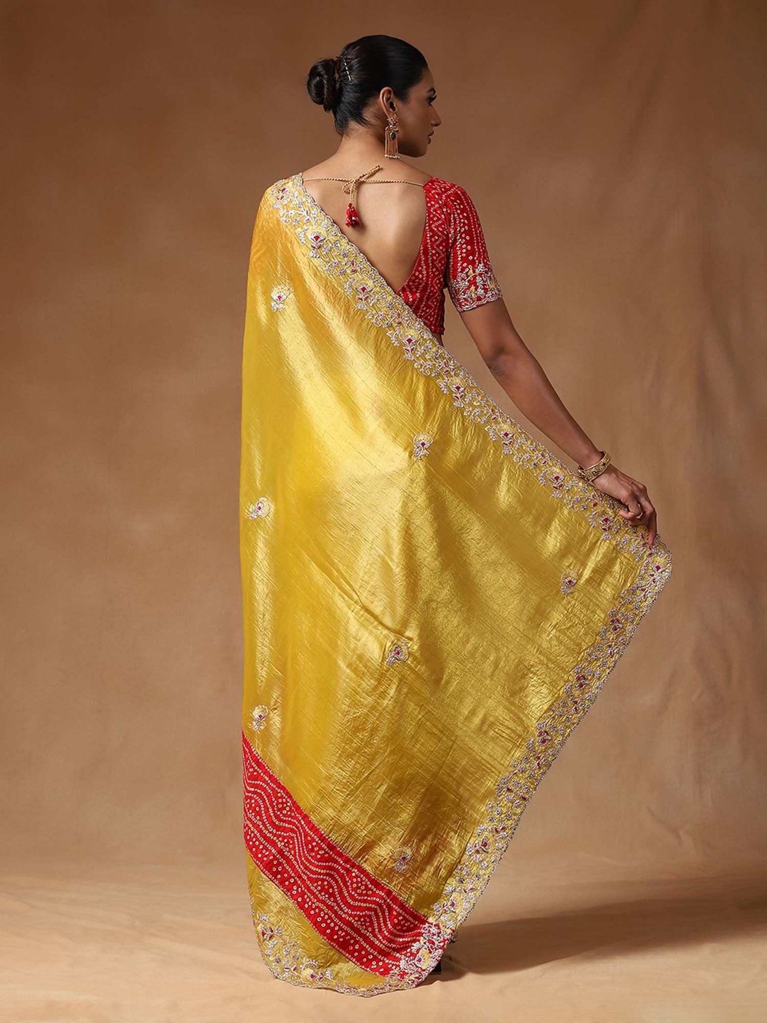 Yellow Party Wear Tissue Embellished Saree