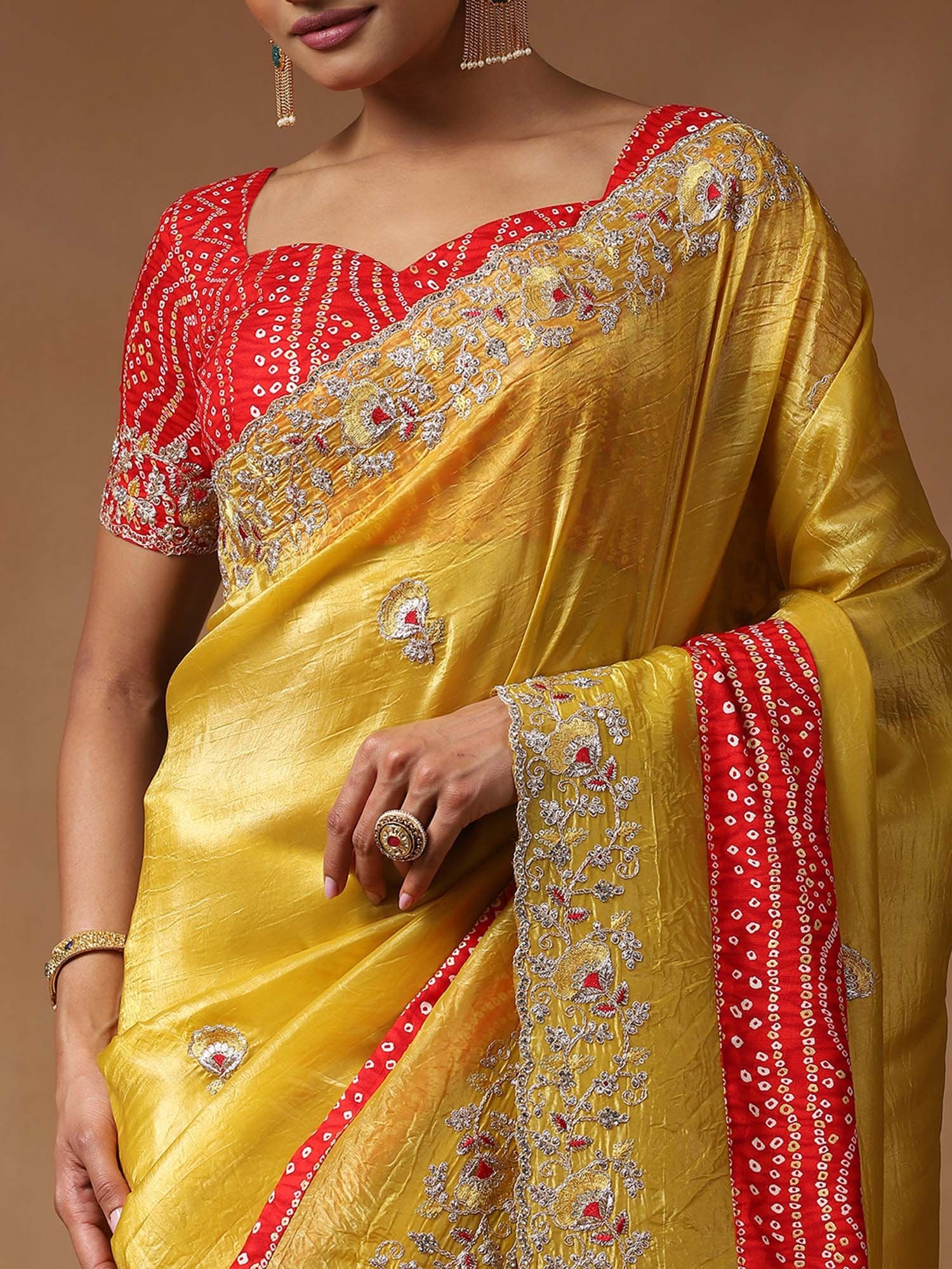 Yellow Party Wear Tissue Embellished Saree