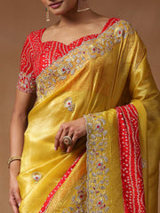 Yellow Party Wear Tissue Embellished Saree
