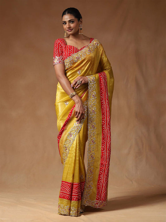 Yellow Yellow Party Wear Tissue Embellished Saree
