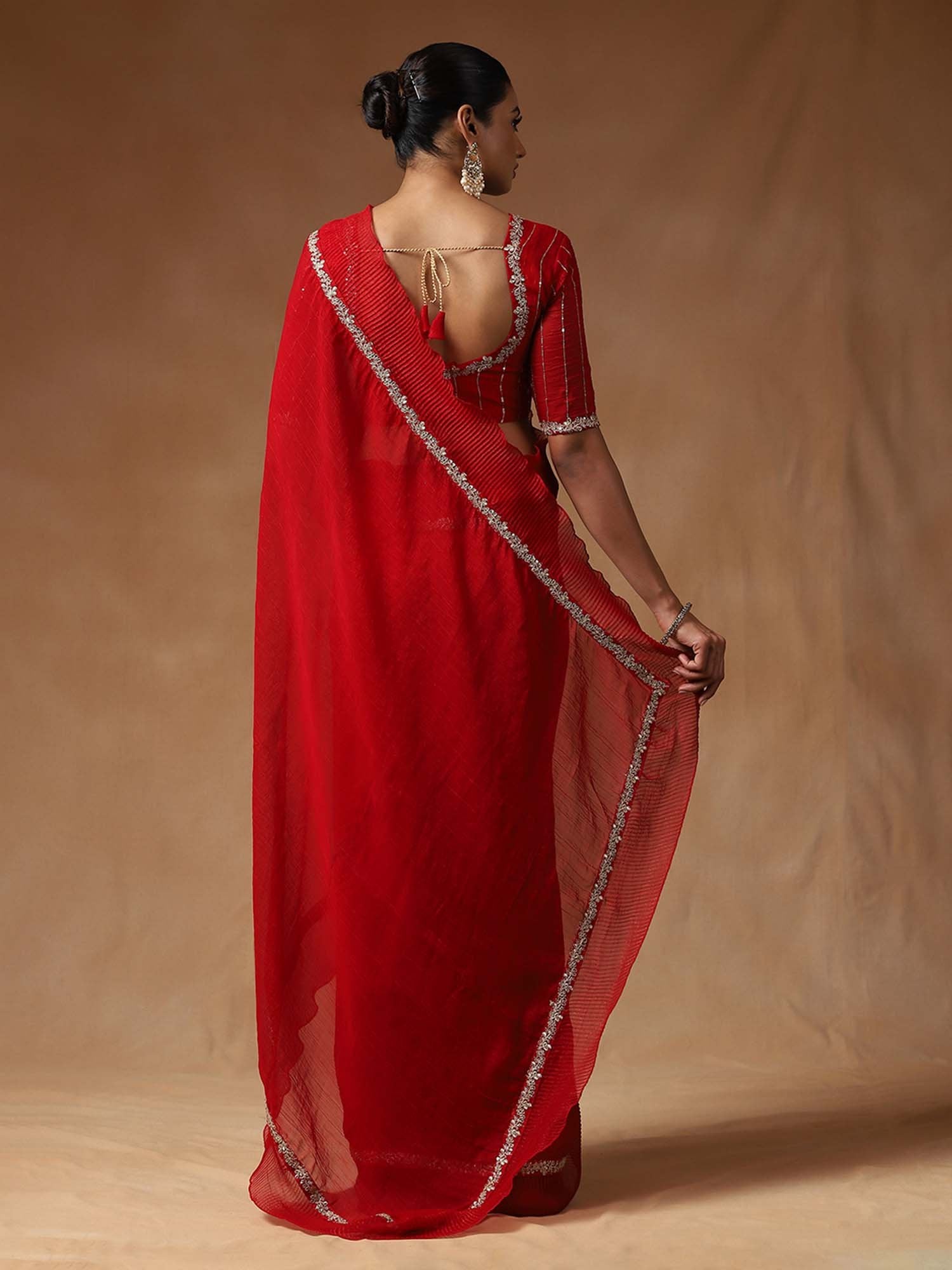 Red Party Wear Tissue Embellished Saree